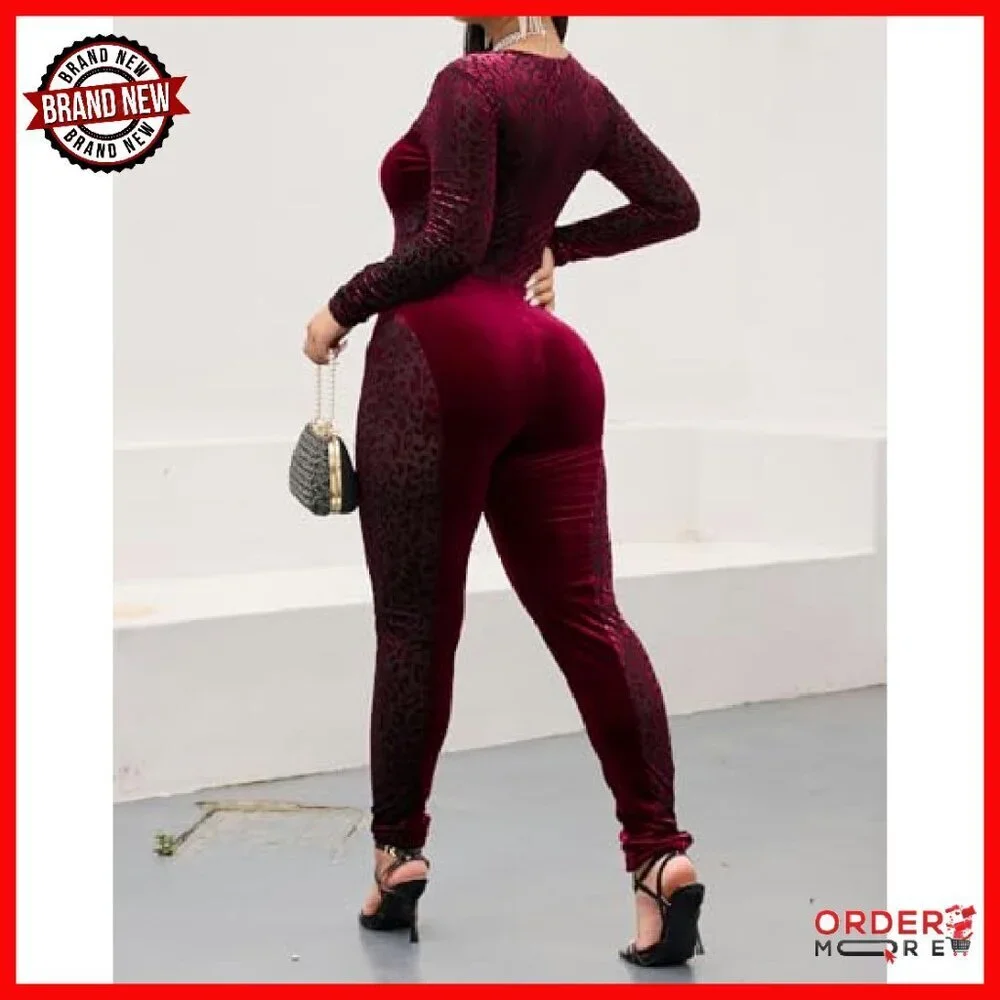 Long Sleeve Mesh Velvet Jumpsuit Bodycon Clubwear Party Outfit
